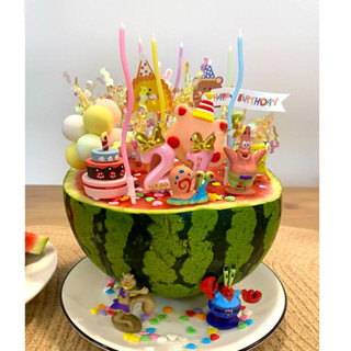 精美生日禮物💖西瓜蛋糕裝飾海綿寶寶西瓜擺件小蛋糕飯團diy抖音同款西瓜裝扮 創意禮物禮品