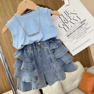 Yelly's~Shop夏季女童套裝2024新款韓版洋氣無袖背心時髦純色甜美潮百褶裙褲潮