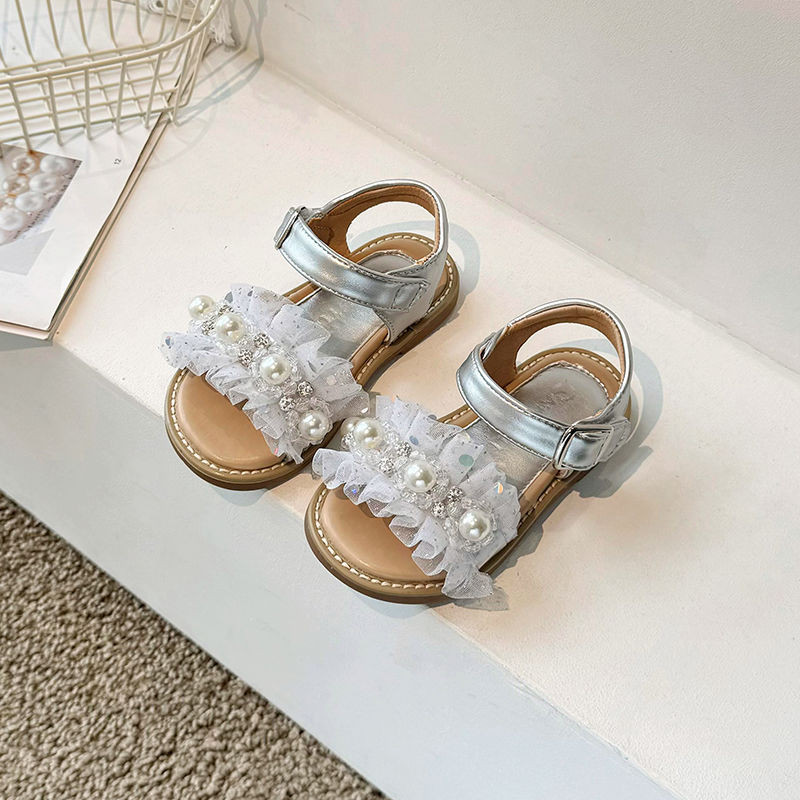 Yelly's~Shop2024女童夏季新款兒童時尚韓版涼鞋珍珠露趾公主鞋洋氣軟底沙灘鞋