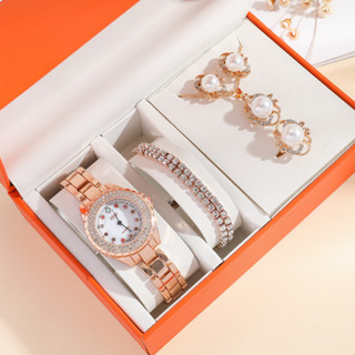 Yelly's~Shop6pcs/set女士時尚鋼帶滿鑽石英腕錶+ins風珍珠飾品套裝