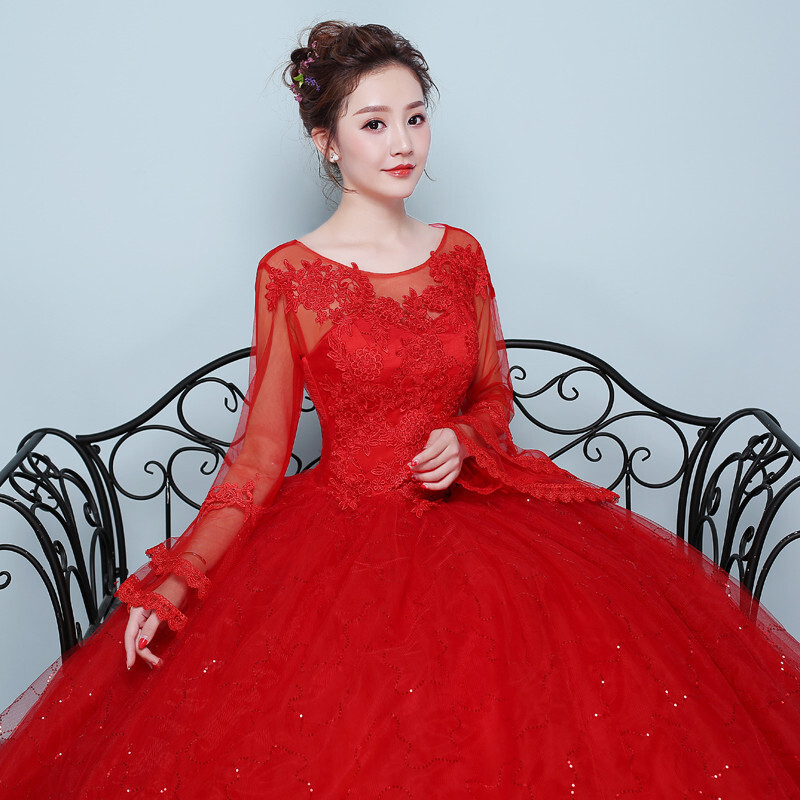 紅色婚紗新娘婚紗裙成人禮僊女新款顯瘦顯瘦修身一字肩韓式袖 【北極星賣場】