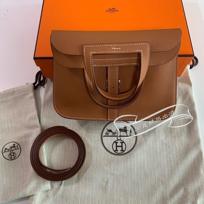 閒置✈二手精品 Hermes 愛馬仕 Halzan mini 經典 金棕色 銀扣 手提包 肩背包 斜背包