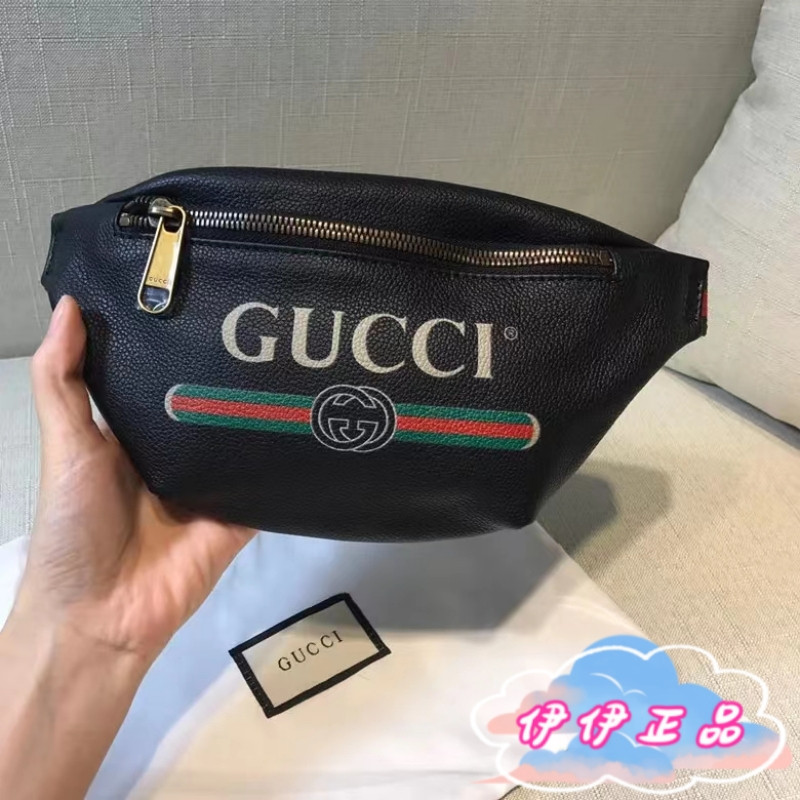 GUCCI 古馳 胸包 527792小號 530412大號 黑/白色 斜背包 皮革腰包