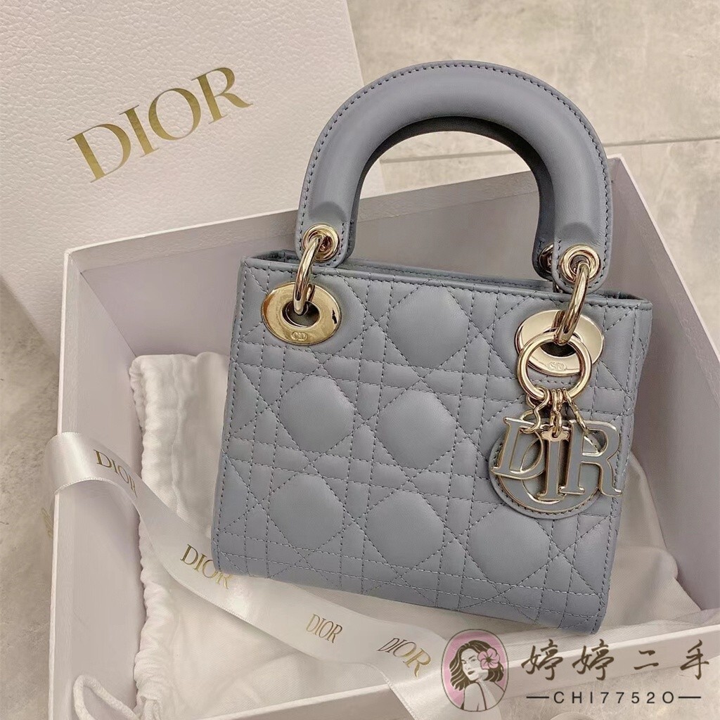 精品二手 DIOR 迪奧 迷你 LADY DIOR 手袋 三格戴妃包 鏈條包 手提包 肩背包 斜背包 霧霾藍 女包