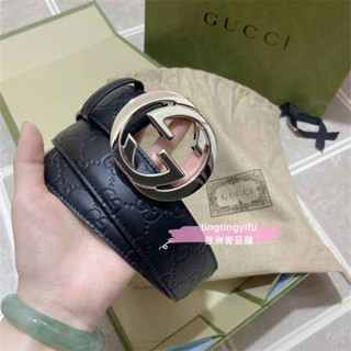 GUCCI Signature logo牛皮 壓紋 皮帶 腰帶411924 黑色 4CM 男士腰帶 皮帶