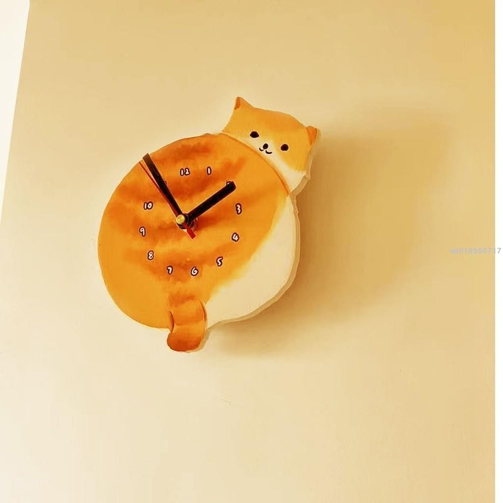 ⚡可愛卡通咪造型原創掛鐘 原木風必備掛牆裝飾時鐘壁鐘掛鐘表