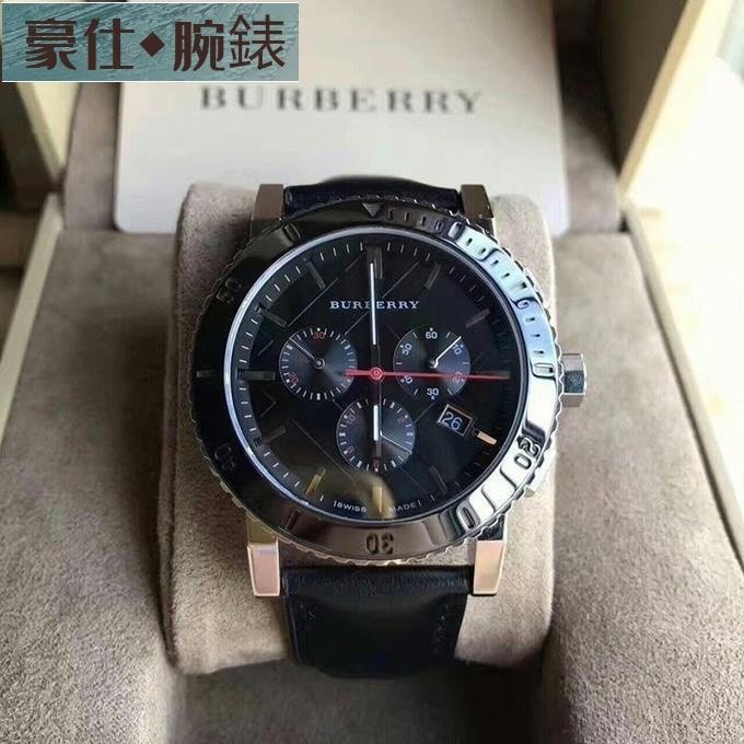 高端 正品公司貨Burberry戰馬手錶 Bu9384黑色皮帶計時日曆石英男錶BU9382 BU