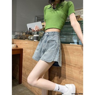 臺灣出貨 短褲 高腰牛仔短褲女夏季薄款2024新款設計感開叉辣妹大碼顯瘦A字短褲