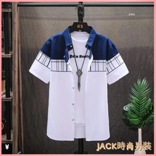 JACK襯衫 短袖襯衫 襯衫外套 休閒襯衫 外套 韓版 2023年夏季新款短袖襯衫薄款男裝帥氣個性潮流休閒時尚百搭襯衣