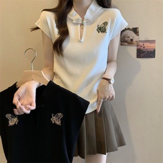 新中式國風盤扣小飛袖T恤女2024夏季新款性感修身顯瘦短款上衣女 國潮 中國風上衣 復古上衣 大尺碼上衣 顯瘦 短袖T恤