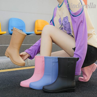 Cinderella 中筒時尚外穿成人加絨加厚防水鞋廚房洗車防滑膠鞋防水鞋 雨靴雨靴女 雨鞋雨鞋 時尚雨鞋雨靴 防滑雨鞋