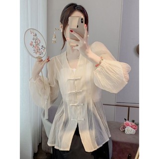 中國風防曬開衫 新中式國風復古盤扣v領防曬衣女裝夏季薄款設計感小眾中長款上衣 新中式外套 洋裝罩衫 薄紗防曬罩衫防曬衣