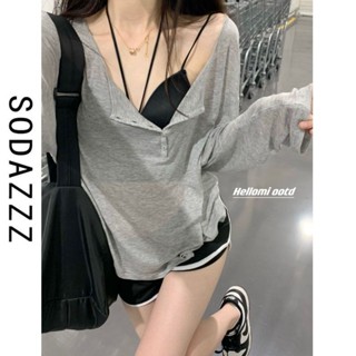LW湯圓女裝-SODAZZZ女T恤夏季灰色薄款防曬v領長袖小罩衫寬鬆顯瘦中長款上衣/空調衫/防曬衣/罩衫/外套