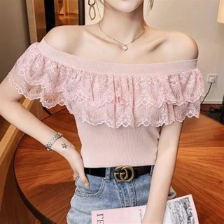 淑女露肩一字領短袖針織衫女夏季新款蕾絲拚接荷葉邊爆款洋氣上衣