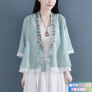 臺中出貨 中國風服飾 漢服上衣 斜襟 三盤扣 中國風上衣 中袖茶服 純棉假兩件襯衫女 中國風復古茶服棉麻開衫 漢服女