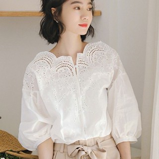 韓版短袖襯衫女 2024年新款夏法式很仙仙氣一字肩上衣鏤空白色女士襯衫設計感小眾女生短袖上衣 涼感寬鬆短袖女 溫柔氣質襯