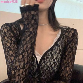 「森瑤🕸️價格超甜」蕾絲罩衫 黑色防曬 小外套外套女夏 顯瘦顯白 薄款長袖鏤空法式小眾別緻短版上衣 短版外套