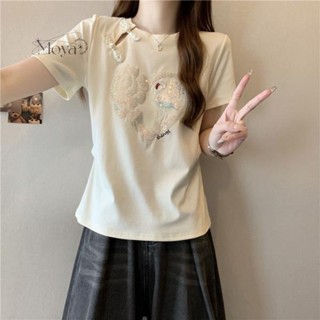 滿200出貨·大碼女裝胖mm夏季新款2024新中式重工刺繡短袖t恤圓領設計感上衣 新中式上衣 中國風 盤扣上衣 短袖上衣