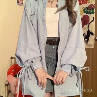 【限時特賣】 襯衫女 女生襯衫 襯衫外套 防曬外套 韓版襯衫 Aimilian藍色長袖襯衫女早秋2023薄款開衫外搭設計