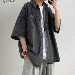 🥇暢銷｜精選🥇港風牛仔短袖襯衫男夏季潮流寬鬆襯衫休閒百搭五分袖上衣外套