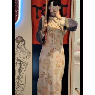 新中式穿搭 古風衣服 國風主題搭配洋裝 新中式改良版漢元素國風套裝加絨毛邊印花長馬甲旗袍連衣裙兩件套