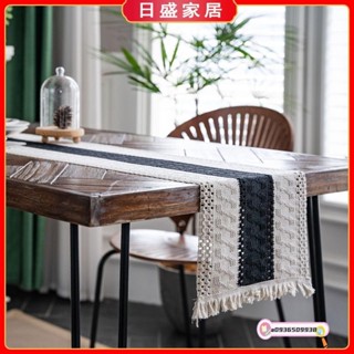 【日盛家居】棉麻桌旗 條紋編織帶流蘇餐墊 廚房桌布 聖誕餐桌旗 長桌巾 餐桌桌巾 美式棉麻桌旗 條紋拼接桌旗 桌旗 蓋巾