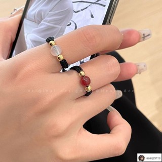 Round圓圓🎀ins風戒指 相思紅豆紅瑪銅錢編織戒指女ins學生潮流小眾設計情侶閨蜜尾戒