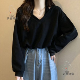 大碼寬鬆V領衛衣女 新款寬鬆學生長袖上衣 假兩件上衣 女生長袖上衣 秋季穿搭 韓係設計感上衣女