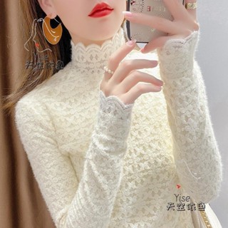 內搭衣女 長袖上衣女 加絨加厚蕾絲打底衫女 秋冬新款內搭高領洋氣小衫 磨毛保暖網紗上衣 女裝