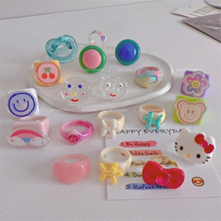 ins韓系亞克力小戒指 小眾個性簡約裝飾品 可愛甜美卡通戒指 笑臉貓咪小狗戒指 兒童首飾玩具 個性異形樹脂戒指 學生戒指