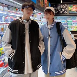 新款潮牌黑白拼色棒球服 男士春秋季外套 情侶裝韓版棒球服薄外套 百搭寬鬆 港風立領夾克 落肩袖 休閒外套（LT107）