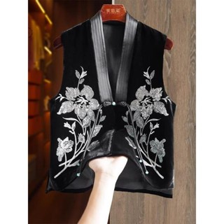 高階模擬絲絲絨新中式背心馬甲女款洋氣釘珠刺繡輕國風盤扣上衣女 新中式 馬甲外套 中國風馬甲上衣 民族風馬甲 中式復古馬甲