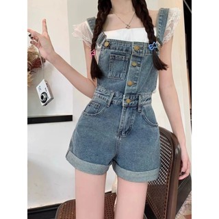 大尺碼吊帶褲 口袋背帶褲 牛仔背帶短褲女 夏季2024新款 工裝闊腿熱褲 設計感吊帶褲子 牛仔背帶褲 連身褲 連體褲