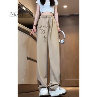 滿200出貨·竹子刺繡冰絲褲子女夏季薄款垂墜感直筒褲新中式國風復古休閑長褲 長褲 寬褲 女生褲子 闊腿褲 大尺碼褲子 直