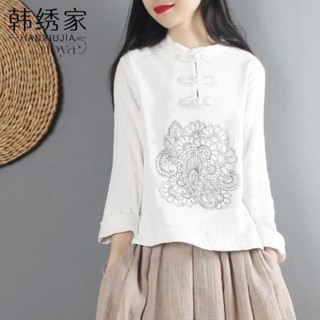 民族風刺繡純棉上衣女春裝新款長袖襯衫中國風復古盤扣禪意茶服 大尺碼T恤 長袖上衣 民族風上衣 禪意茶服 文藝T恤 盤扣七