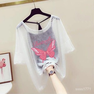 會琴服飾 【單短袖】防曬衣蝴蝶印花短袖寬鬆大碼女裝透氣上衣T恤胖M顯瘦衫