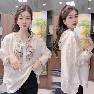 新中式國風盤扣連帽長袖防曬襯衫女春夏季提花刺繡復古薄外搭上衣 大尺碼 長袖上衣 長袖T恤 內搭衫 新中式上衣 中國風 復