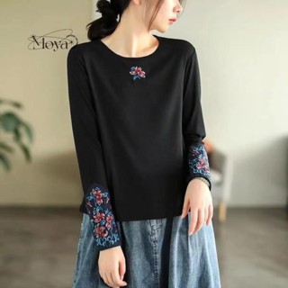 滿200出貨·精選秋季純棉民族風上衣刺繡繡花中國風女裝寬松大碼胖mm古風上衣 大尺碼T恤 長袖上衣 民族風上衣 禪意茶服