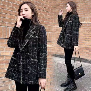 免運❤大碼女裝女生外套 毛呢外套 毛呢大衣 秋冬新款女士寬松格子毛呢外套小香風粗花呢名媛拼接小西裝 毛呢外套 韓妞必備