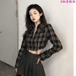 長袖襯衫女🎀甜酷辣妹格子襯衫女春裝2024新款設計感綁帶短款修身長袖防曬上衣