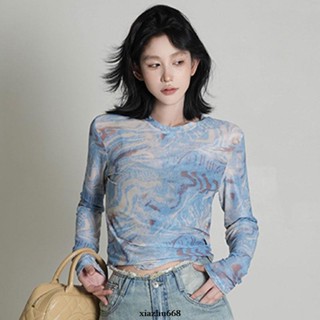 秋季新款純欲風辣妹扎染薄款短款長袖T恤女 修身顯瘦防曬罩衫上衣 背心 吊帶上衣 長袖衣服 女生上衣 圓領T恤