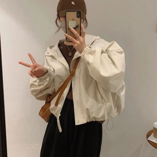 （免運）女裝-潮流館爆款薄荷曼2024連帽夾克春季新款休閑風衣短款小個子寬松短外套女