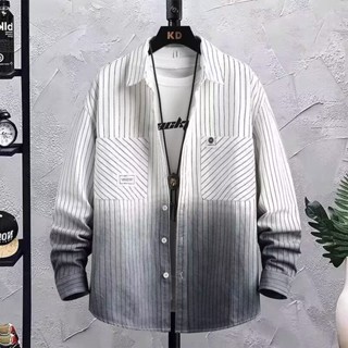 漸變色條紋襯衫 男長袖外套 韓版 潮流 帥氣 襯衣 春秋季 新款 寬鬆 百搭 男款工裝上衣（NSJ523）【壹號站】