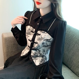中國風上衣女 假兩件襯衫早秋新款女裝2024設計感小眾新中式時尚長袖秋季女上衣 新中式上衣 長袖襯衫女 大尺碼春秋長袖女