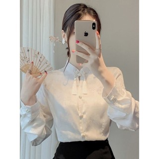 中國風上衣女 新中式盤扣立領襯衫女設計感小眾女士休閑國風襯衣春季輕國風上衣 新中式上衣 長袖襯衫女 大尺碼春秋長袖女