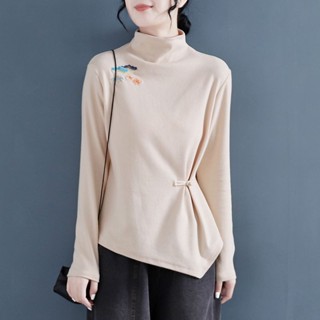 中國風上衣女 半高領雙面德絨打底衫女復古刺繡秋冬中國風收腰顯瘦盤扣長袖上衣 民族風上衣 文藝復古長袖打底衫長袖保暖上衣