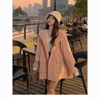 大尺碼女裝 外套 連帽外套 風衣外套 韓版Chic秋冬新款複古妮子大風衣連帽寬鬆小個子毛呢外套女裝