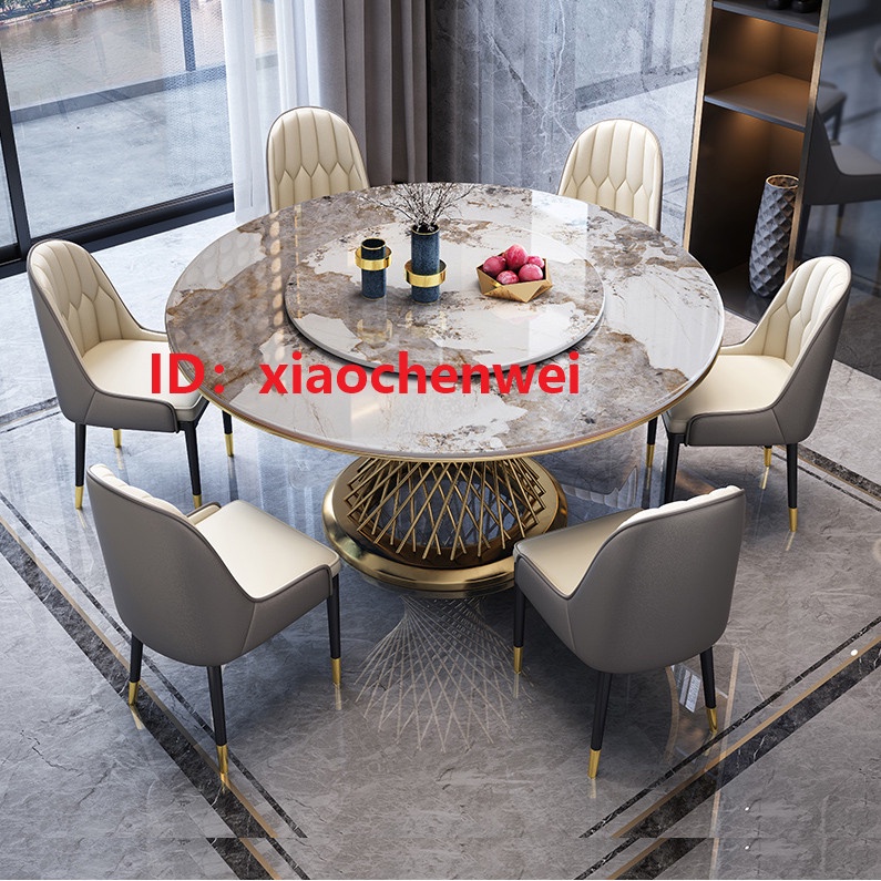 新品 低價 優惠輕奢巖板餐桌椅組合 家用小戶型大理石圓桌 現代簡約圓形帶轉盤飯桌