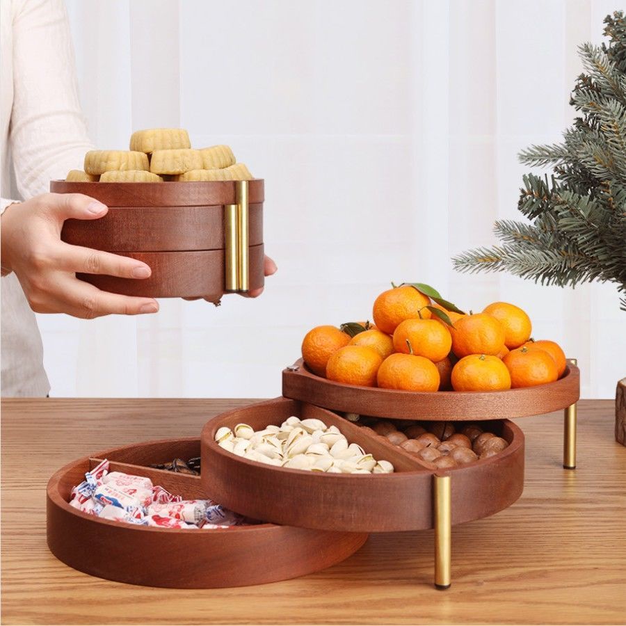 上新干果盤多層創意家用客廳零食盤新中式實木旋轉點心瓜子糖果盒特價