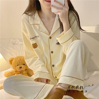 Xuan♥韓版睡衣女春秋季ins甜美可愛小熊開衫長袖秋天可外穿家居服套裝